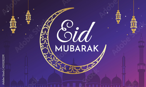 Eid Mubarak premium vector illustration with luxury design. Blue pink gradient eid mubarak background with star and moon. Islamic light design with white eid mubarak design photo