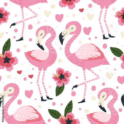 Little flamingo bird vector seamless pattern. Cartoon tropical summer background with pink exotic jungle animal  tropic palm and flowers. Kid illustration.