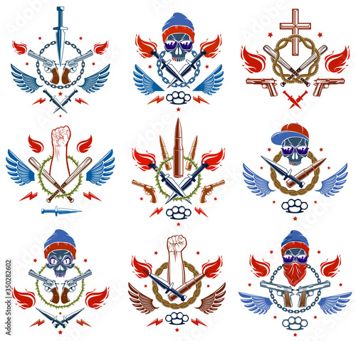 Anarchy and Chaos aggressive emblem or logo with strong clenched fist, aggressive skull, bullets and guns, weapons and different design elements , vector tattoo, rebel and revolutionary.