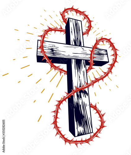 Christian cross with blackthorn thorn vector religion logo or tattoo, passion of the Christ.