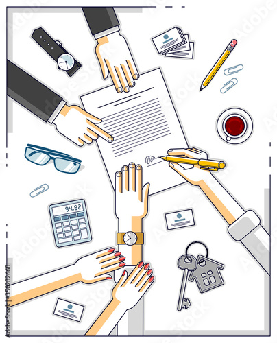 Man signs bank mortgage hypothec for real property house buying and his woman helps him to dare to make a decision and employee explains terms of loan, top view people hands and paper. Vector.