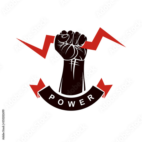Vector logo composed using strong muscular raised clenched fist decorated with lightning symbol. Power and authority conceptual logotype.