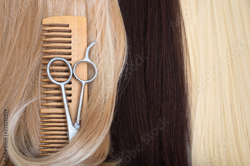 Care for different types of hair and hair color: blond, red, brown, dark, straight and curly hair. Concept of a beauty salon.
