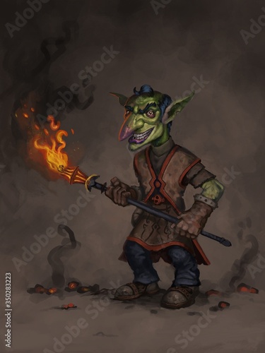 Billede på lærred Digital painting of goblin character holding a flaming torch and smiling against