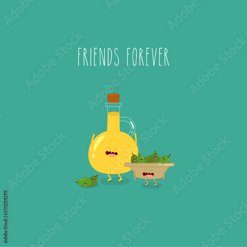 olive oil bottle plate olives friends forever. Vector illustration.