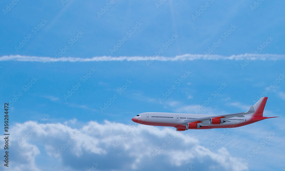 Passenger plane White red stripes flying in the sky on a bright blue day, white clouds in the daytime. To view, see the top of the machine And the upper wing. 3D Rendering. Passenger plane White red stripes flying in the sky on a bright blue day, white clouds in the daytime. To view, see the top of the machine And the upper wing. 3D Rendering.