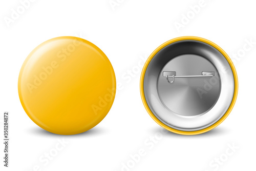 Vector 3d Realistic Yellow Metal, Plastic Blank Button Badge Icon Set Isolated on White Background. Front and Back Side View. Template for Branding Identity, Logo, Presentations. Mock-up