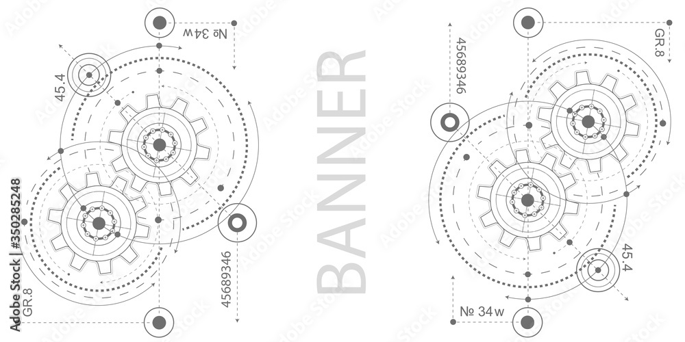Fototapeta Technical drawing of gears .Gears on a white background .Rotating mechanism of round parts . Vector illustration.
