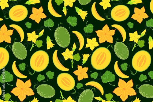 Juicy melon seamless pattern with blooming elements. Yellow fruit repeated background for textile, fabric, wallpaper, cover. Summer mood floral texture. Healthy vegetarian organic food illustration.