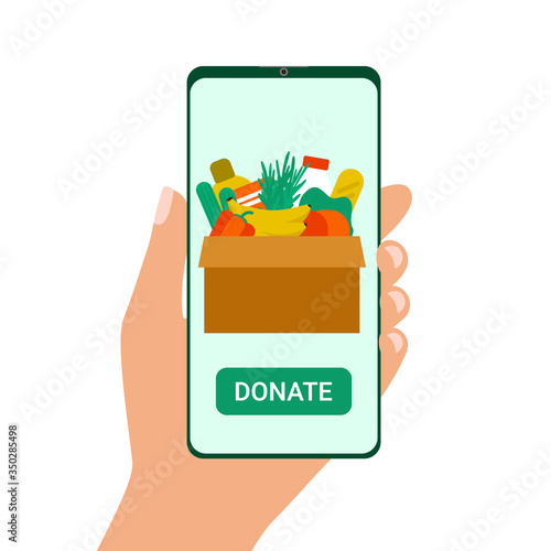 Food donation to people on smartphone. Box of food for needy. Humanitarian aid application. Concept of volunteering and charity. Vector illustration
