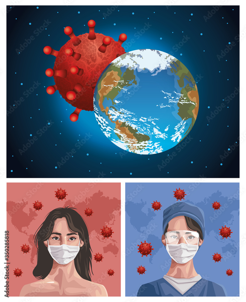 Naklejka premium nurse and woman using fase mask with earth planet ,covid19 protection