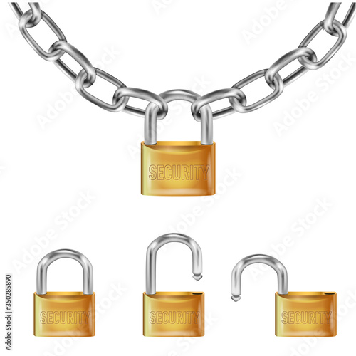 realistic gold lock on Metal chain links, open lock and open with the inscription security. Length of Chain Isolated on White Background
