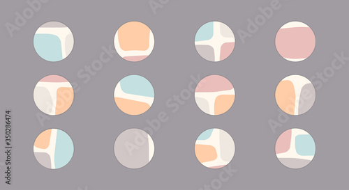 Set of beautiful feminine pastel vector highlight covers, abstract organic shapes and spots, round icons for social media, perfect for bloggers