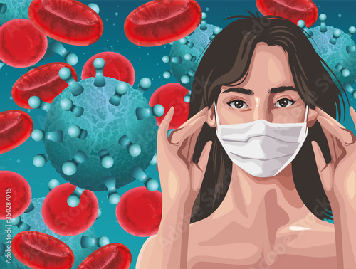woman using fase mask with blood cells ,covid19 protection