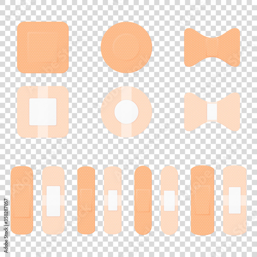 Vector 3d Realistic Medical Patch Icon Set Closeup Isolated on Transparent Background. Design Template Adhesive Bandage Elastic Medical Plasters. Front and Back Side View