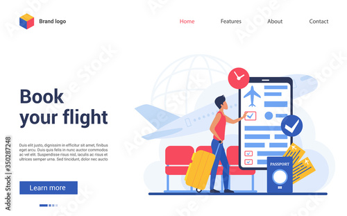 Book flight vector illustration. Website interface design with cartoon flat traveler character booking online airplane tickets, using mobile smartphone app for registration. Travel business technology