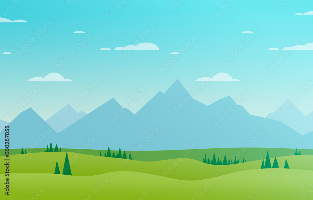 drawing of a beautiful landscape in the nature with mountains, trees and a blue sky with clouds - nice flat design illustration for a background wallpaper or an adventure story
