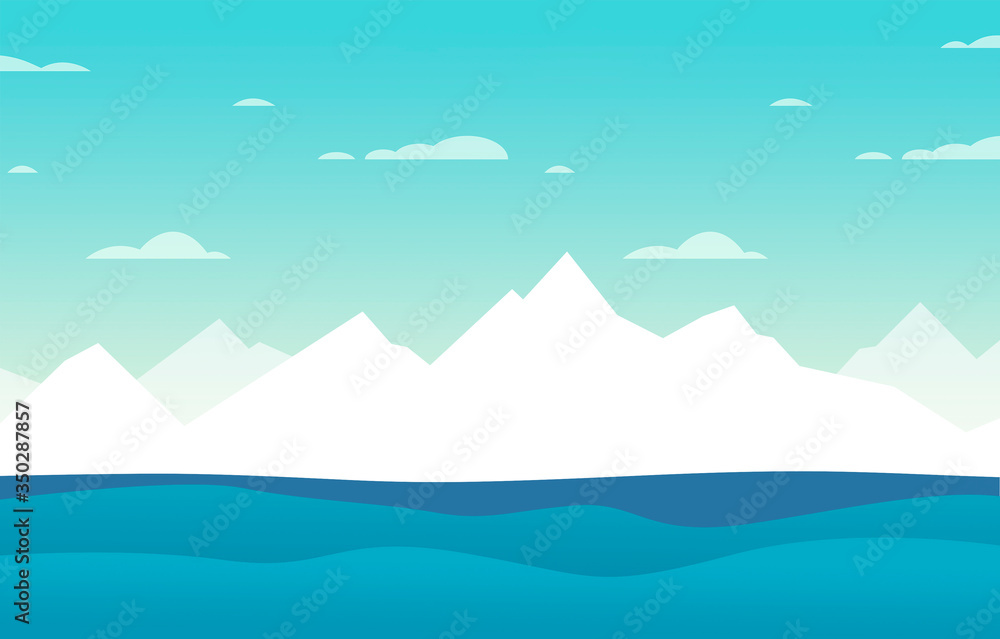 drawing of a beautiful winter landscape with white ice mountains, the sea with waves and a blue sky with clouds - nice flat design illustration for a background wallpaper