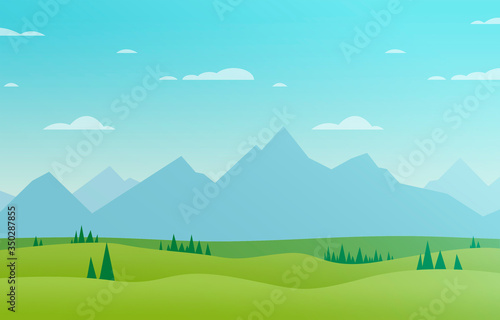 drawing of a beautiful landscape in the nature with mountains  trees and a blue sky with clouds - nice flat design illustration for a background wallpaper or an adventure story