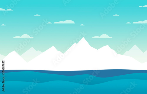 drawing of a beautiful winter landscape with white ice mountains, the sea with waves and a blue sky with clouds - nice flat design illustration for a background wallpaper