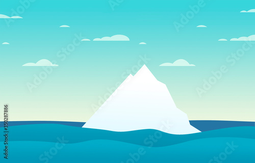 drawing of a white iceberg in the ocean or an ice polar mountain melting in the sea with waves and a blue sky with clouds - nice flat design illustration for a background wallpaper