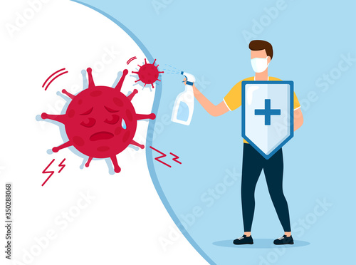 The warrior beats the coronavirus with an antiseptic. Coronavirus fight concept. People are struggling with covid 19. Vaccine concept. Funny flat vector illustration.