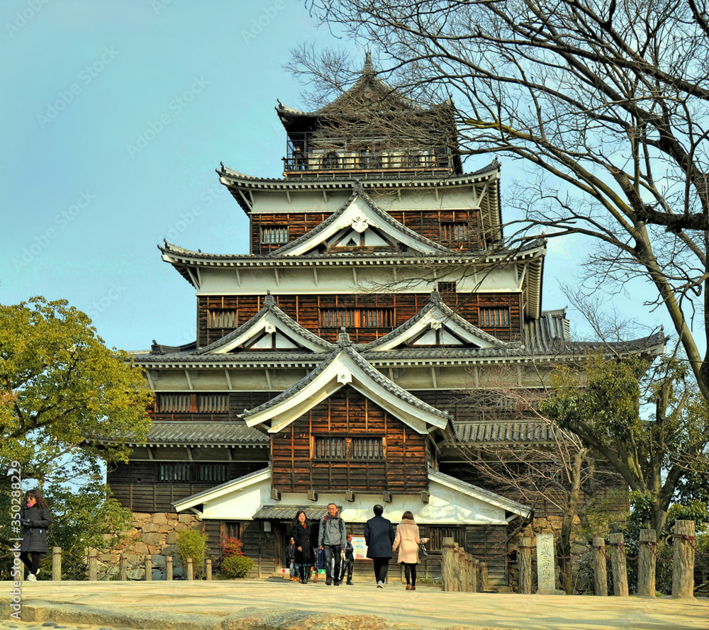 Fototapeta premium Hiroshima Castle was constructed in 1590s, but was destroyed by the atomic bombing on 1945. It was rebuilt in 1958, a replica of the original that now is the history museum of the city. 04-11-2015