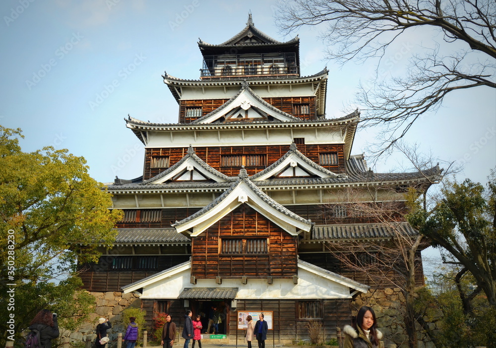 Hiroshima Castle was constructed in 1590s, but was destroyed by the atomic bombing on 1945. It was rebuilt in 1958, a replica of the original that now is the history museum of the city. 04-11-2015 Hiroshima Castle was constructed in 1590s, but was destroyed by the atomic bombing on 1945. It was rebuilt in 1958, a replica of the original that now is the history museum of the city. 04-11-2015