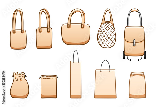 Different beige bags big set isolated illustration on white background