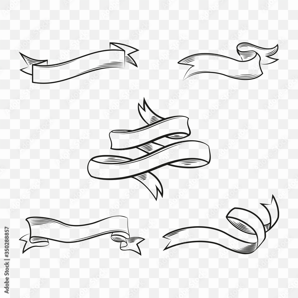 Set of black cutout ribbon banners on transparent background. Vector