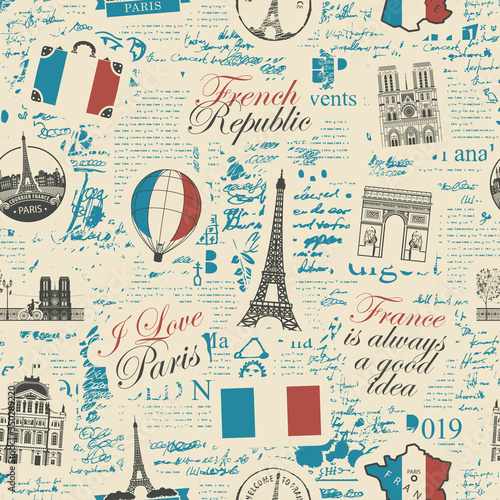 Vector abstract seamless pattern on the theme of France and Paris with French symbols, architectural landmarks and a map in colors of French flag on the background of newspaper page in retro style
