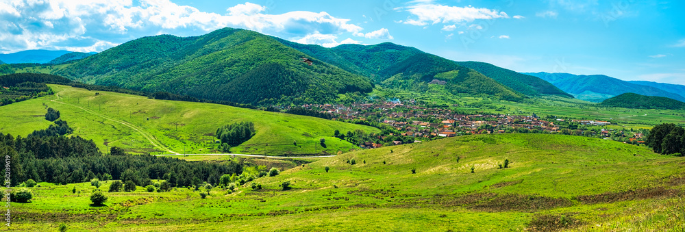 Panoramic View of Poplaca Village in Transylvania, Romania
