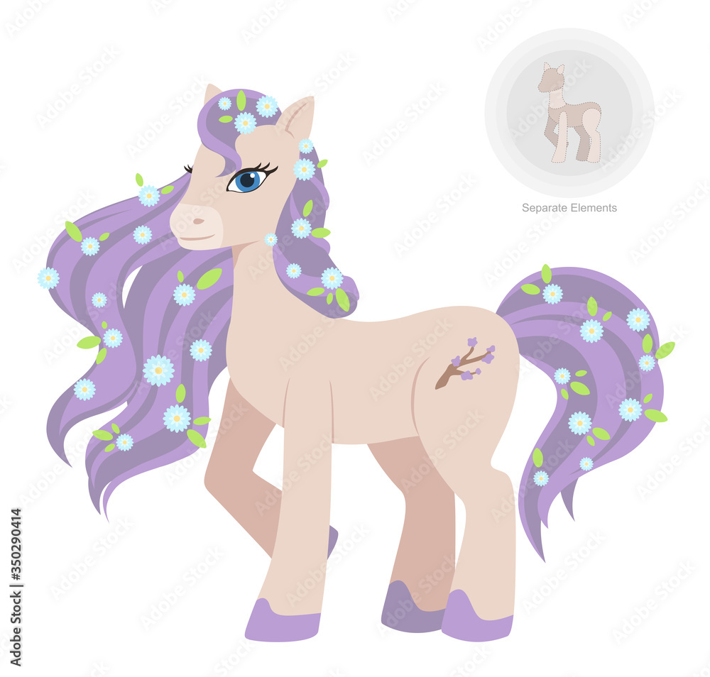 Pony with a nice beautiful violet mane with flowers