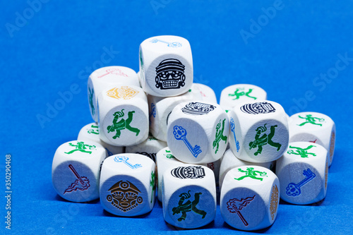 Umea, Norrland Sweden - April 16, 2020: many dice for an adventure game