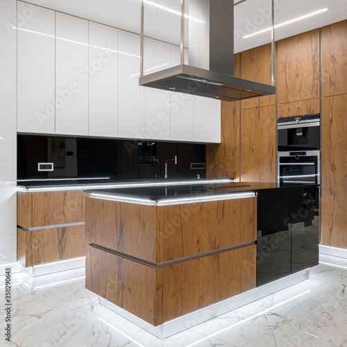 Luxury kitchen with led lighting on