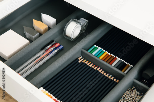 Fotografie Office supplies in desktop drawer