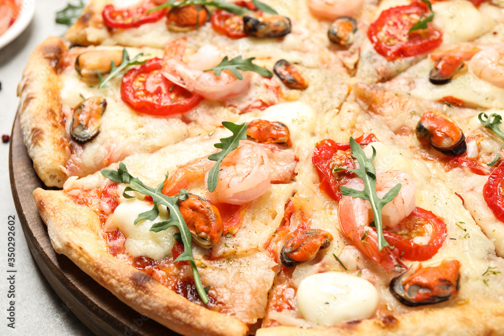 Closeup view of delicious fresh seafood pizza Closeup view of delicious fresh seafood pizza