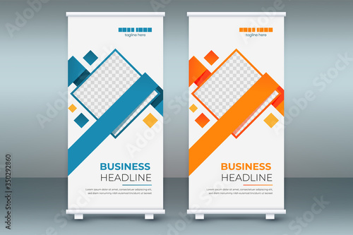 Modern Exhibition standee roll up banner design, poster advertising brochure cover concept, creative x-banner presentation template, flat flag-banner vector blue red orange layout