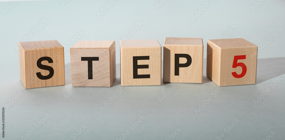 Step by step concept on grey background. Step 5 five fifth text on ...