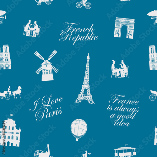 Wallpaper Mural Vector seamless pattern on France and Paris theme with calligraphic inscriptions and drawings in retro style on the blue background. Suitable for wallpaper, wrapping paper, fabric, package, textile Torontodigital.ca