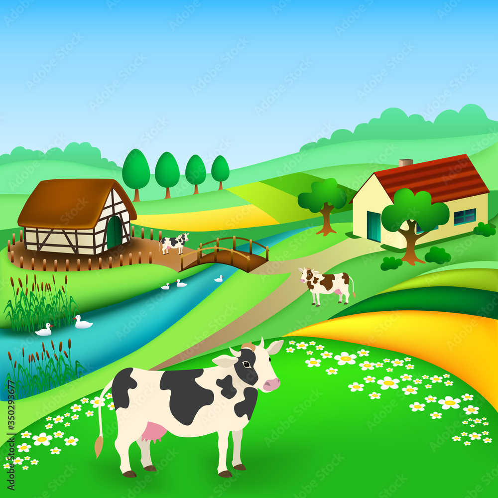 Rural landscape with houses ,cows grazing, gooses on river, fields, trees. Village in the summer. vector illustration