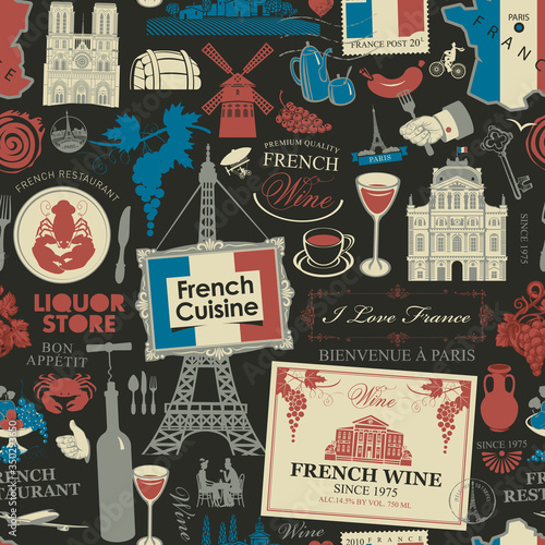 Vector abstract seamless pattern on the theme of France and French cuisine in retro style on the black background. Suitable for wallpaper, wrapping paper, fabric, background, packaging