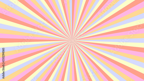 Abstract starburst background with orange, pink, blue, yellow rays. Banner vector illustration.