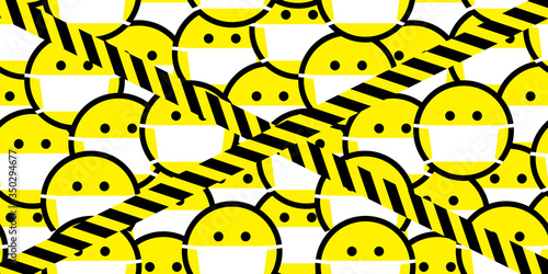 Smile icons behind the warning stripe.