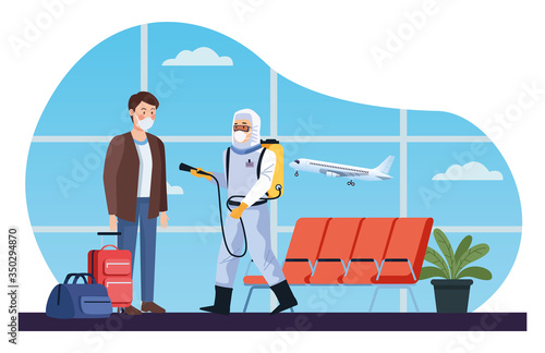 biosafety worker desinfect airport for covid19