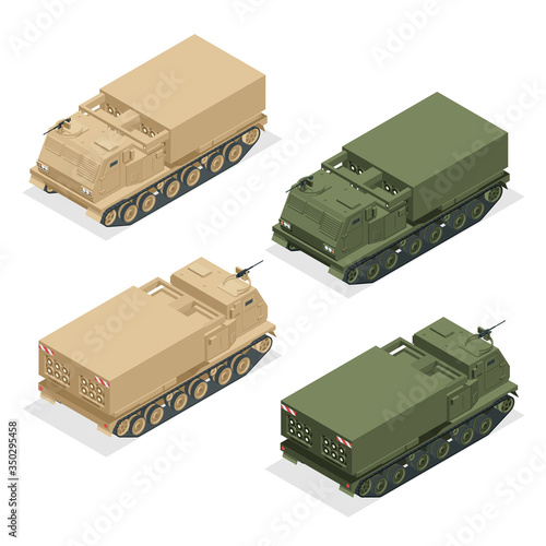 Isometric Multiple rocket launcher icons set isolated on white. Multiple Launch Rocket System is an armored, self-propelled, multiple rocket launcher a type of rocket artillery. Army.
