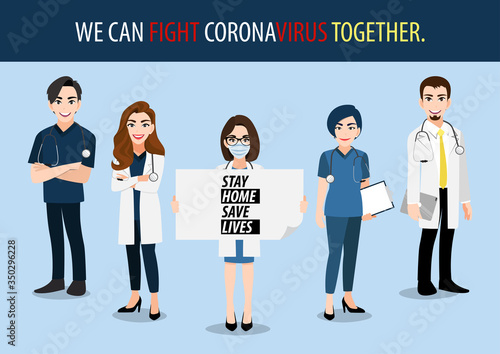 Cartoon character with doctors, nurses and medical staff holding poster requesting people avoid Corona virus and Covid-19 spreading by staying at home. Corona virus Disease awareness vector.