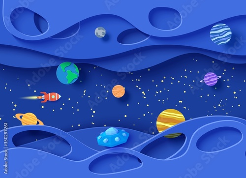 Cartoon planets, red polygonal rocket and origami UFO. Wavy layered background in paper cut style. 3d vector card with flying saucer in starry night sky, Children's illustration of paper craft galaxy.