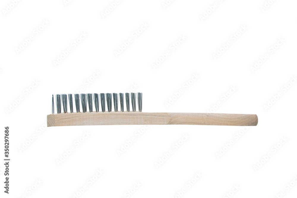 Brush with metal bristles remove old paint. White isolate. Brush with metal bristles remove old paint. White isolate.