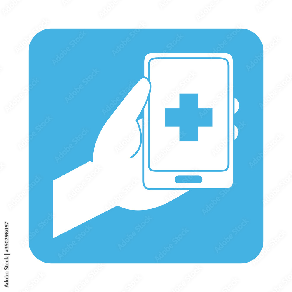 Fototapeta premium covid 19 coronavirus prevention hand with smartphone medical app block style icon